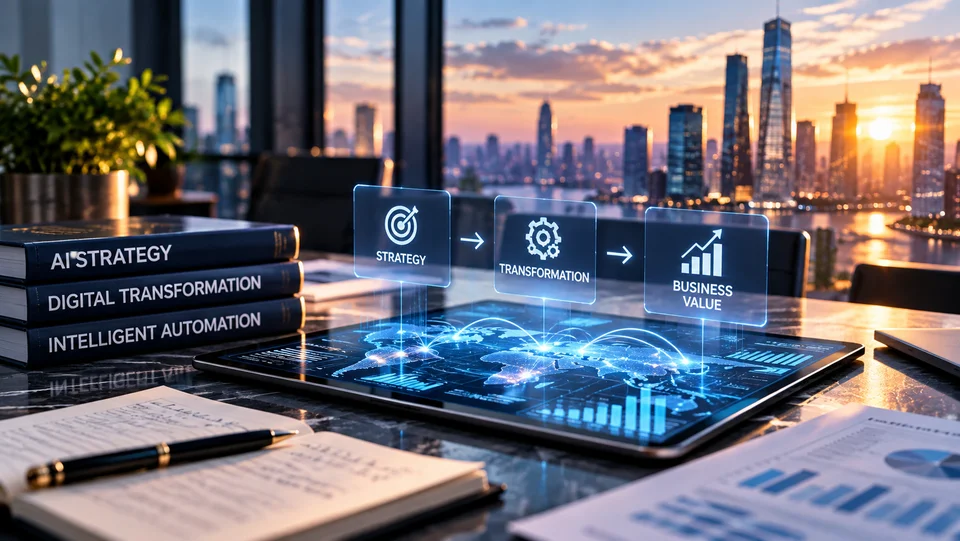 Illustration connecting AI strategy, business transformation and business value