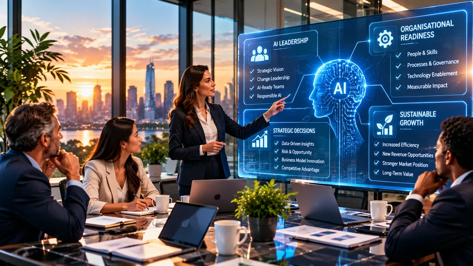 Illustration of a leadership workshop exploring AI strategy and organisational readiness